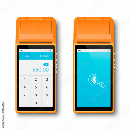 Vector 3d Orange NFC Payment Machine Set Isolated. Wi-fi, Wireless Payment. Screen with Amount and Wifi Sign. POS Terminal, Machine Design Template of Bank Payment Contactless Terminal, Mockup