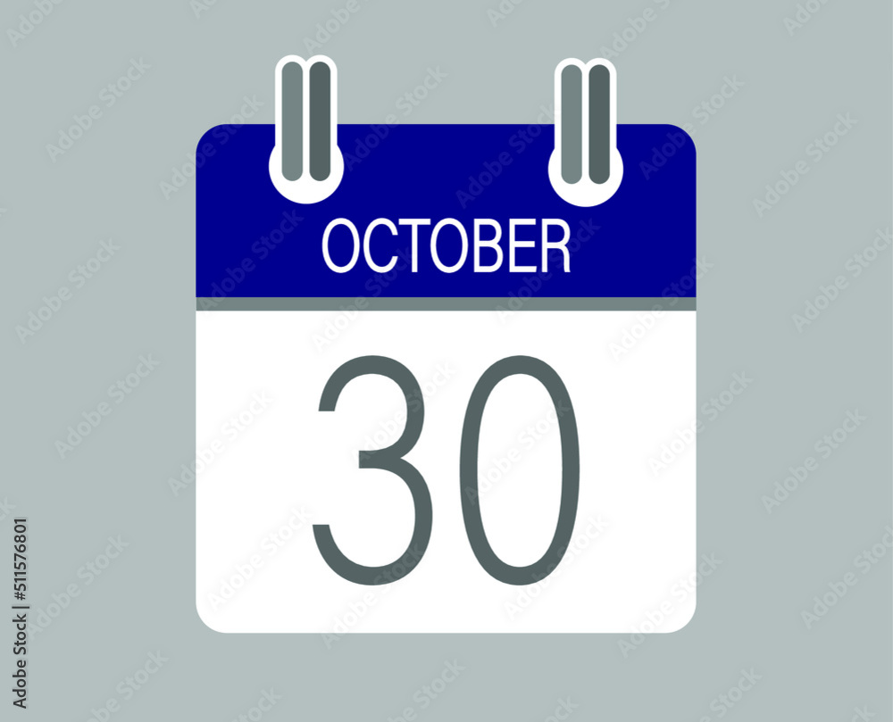 Day 30 october. Blue calendar for days of the month in october. Calendar page template. Day 30 october. Blue calendar for days of the month in october. Calendar page template.