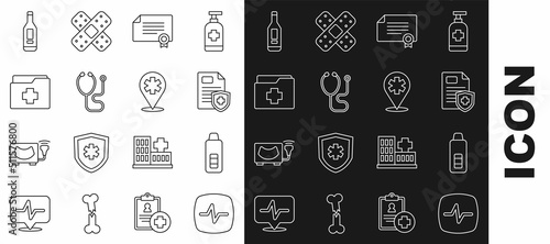 Set line Heart rate, Digital thermometer, Patient record, Certificate template, Stethoscope, and Location hospital icon. Vector