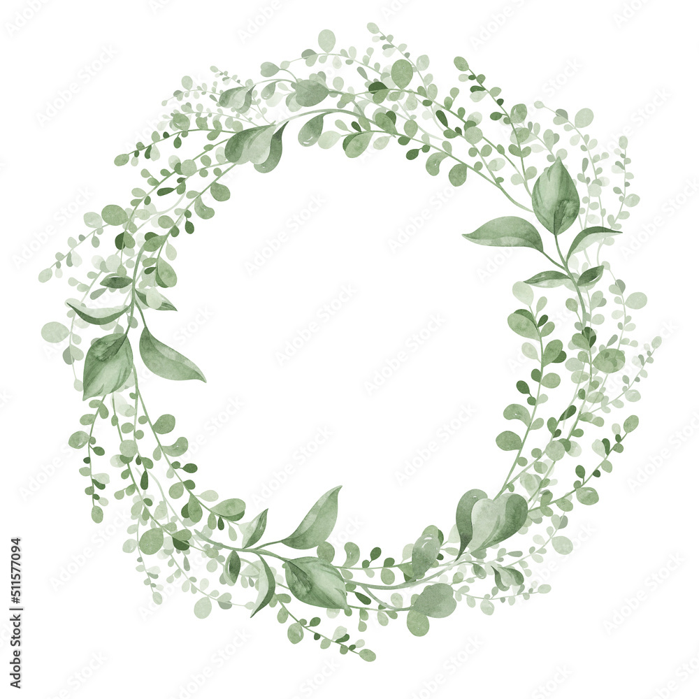 watercolor wreath and plant frame greenery artistic foliage natural grass leaves in a watercolor style. Elegant decorative beauty illustration for design watercolor wreath and plant frame greenery artistic foliage natural grass leaves in a watercolor style. Elegant decorative beauty illustration for design