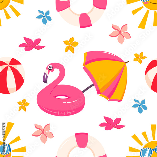Flamingo rubber ring seamless pattern. Funny cute cartoon summer background. Sun with glasses  clouds summer pattern  inflatable ring  beach ball pattern. Bright  summer pattern