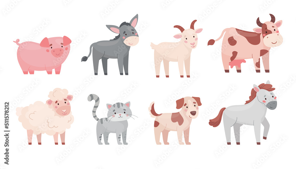 Cute farm animals in cartoon style. Collection of funny farm animals: cow, sheep, goat, donkey, horse, pig, cat, dog. Set of isolated vector flat illustrations on white background.