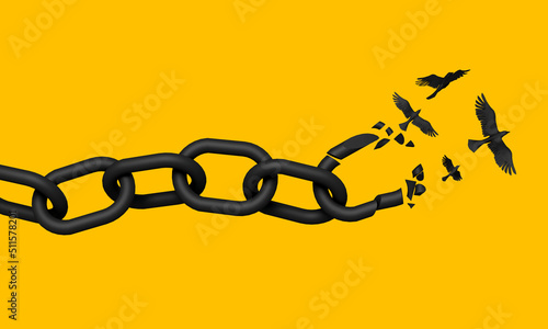 A chain breaking and turning into peace doves. Freedom concept. 3D Rendering