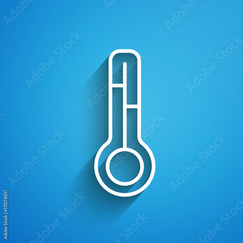 White line Meteorology thermometer measuring icon isolated on blue background. Thermometer equipment showing hot or cold weather. Long shadow. Vector