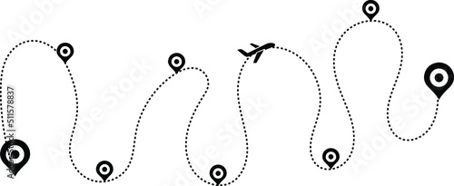 plane flying along the dotted path. airplane and dash line trace. Romantic travel concept. Travel and tourism concept. Aircraft tracking. location pins isolated 