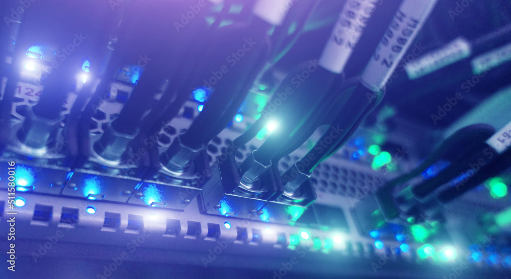 Obraz premium Fiber optic and hub in server room. 