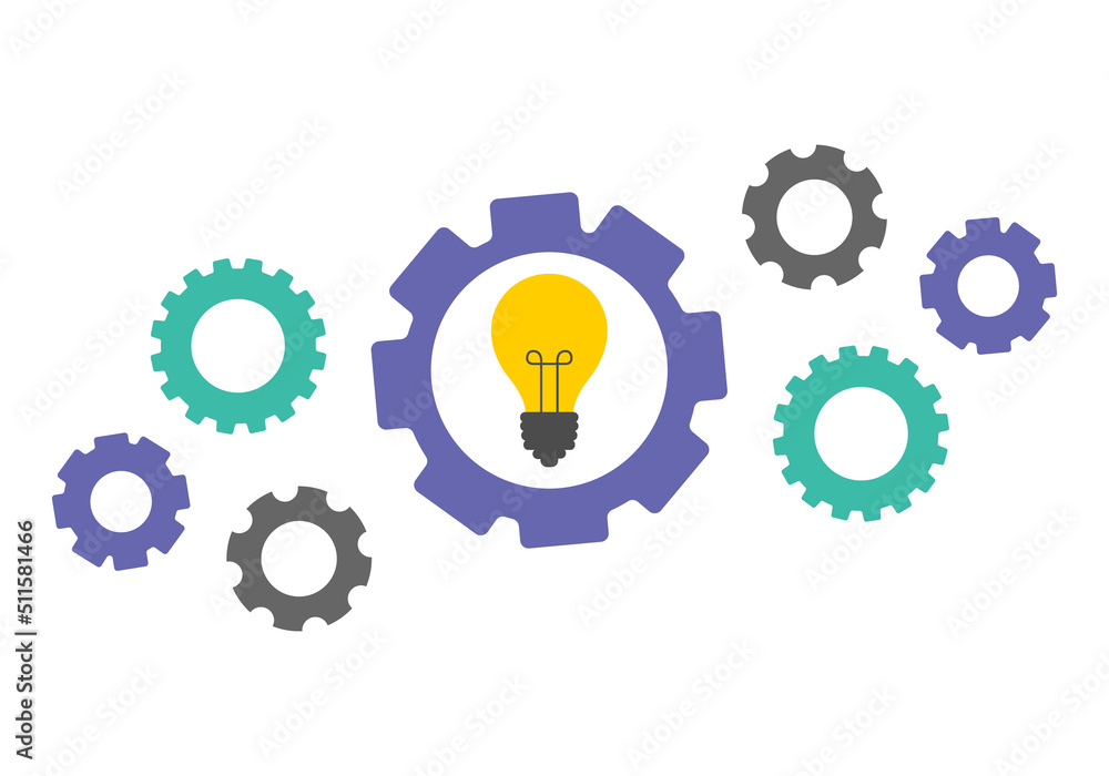 working mechanism of various gears with an included light bulb inside. the concept of teamwork on an idea