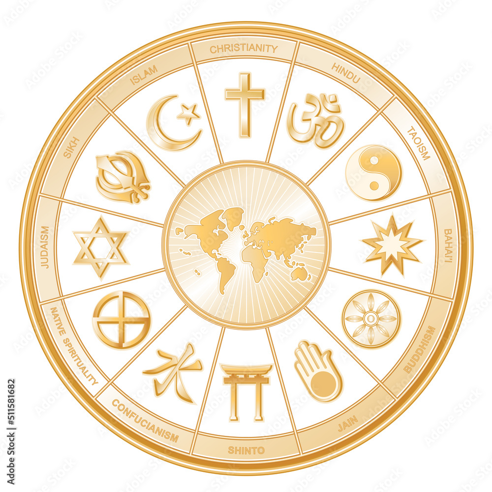 Religions of the world gold mandala wheel surrounding earth map: Christianity, Hindu, Taoism, Baha'i, Buddhism, Jain, Shinto, Confucian, Native Spirituality, Judaism, Sikh, Islam. White background