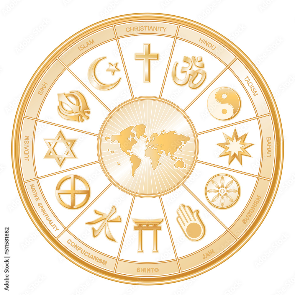 Religions of the world gold mandala wheel surrounding earth map: Christianity, Hindu, Taoism, Baha'i, Buddhism, Jain, Shinto, Confucian, Native Spirituality, Judaism, Sikh, Islam. White background Religions of the world gold mandala wheel surrounding earth map: Christianity, Hindu, Taoism, Baha'i, Buddhism, Jain, Shinto, Confucian, Native Spirituality, Judaism, Sikh, Islam. White background