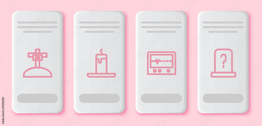 Set line Grave with cross, Burning candle, Beat dead monitor and tombstone. White rectangle button. Vector Set line Grave with cross, Burning candle, Beat dead monitor and tombstone. White rectangle button. Vector