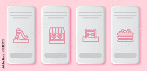 Set line Kid slide, Shooting gallery, Abacus and Pool with balls. White rectangle button. Vector
