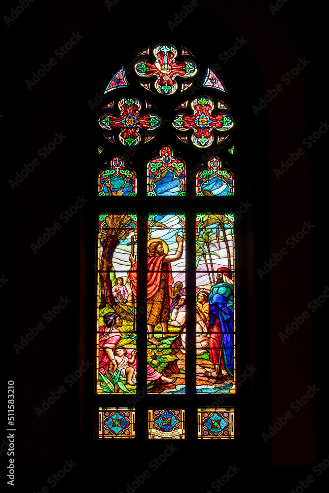Religious stained glass windows of the Church of San Pedro de Alcantara
