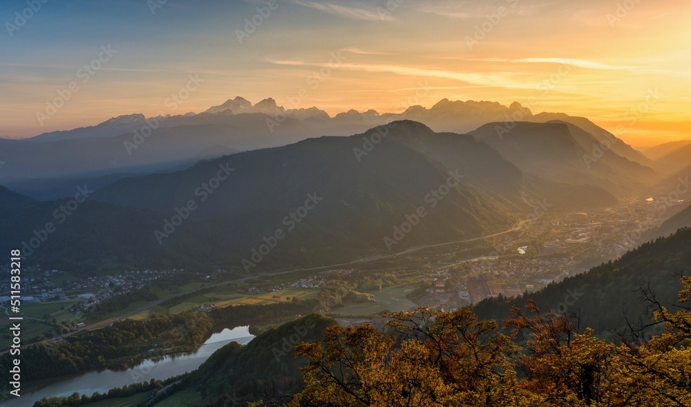 Fototapeta premium View of Bled from the high view point at sunset