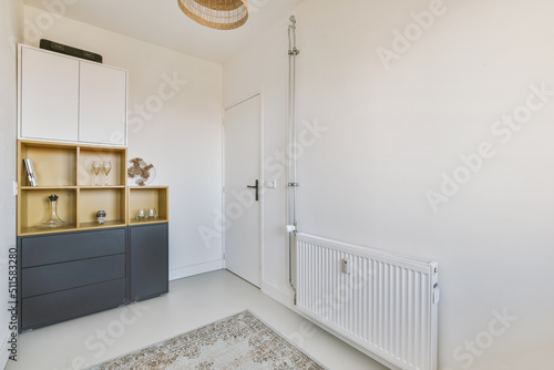 Modern cupboard placed near doors and wicker basket in spacious room with white walls and wooden floor photo