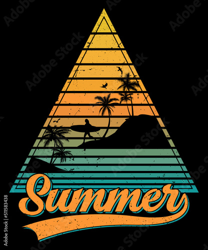 Summer paradise beach palm tree sunset style retro vintage t-shirt design vector