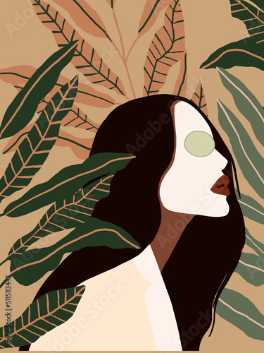 Beautiful Afroamerican Woman in fashion face mask. Pastel Tropical leaves background. Modern minimalist glamour female portrait with nature jungle pattern. Vector illustration