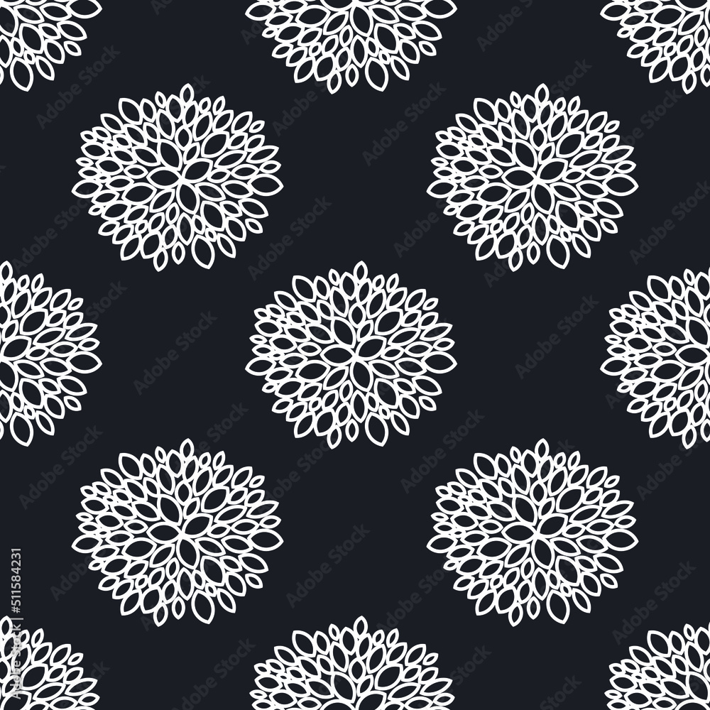 Abstract aster and chrysanthemum flowers are drawn with a white outline on a black background. Seamless floral pattern for decorative fabrics. Vector. Abstract aster and chrysanthemum flowers are drawn with a white outline on a black background. Seamless floral pattern for decorative fabrics. Vector.