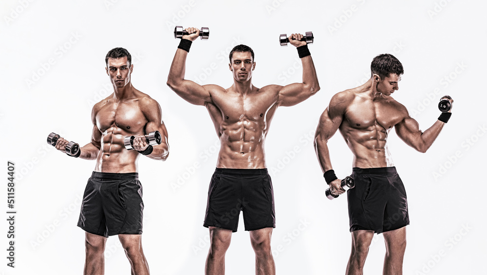 Collage. Man athlete with dumbbells isolated on white background. Gym full body workout. Muscular man athlete in fitness gym have havy workout. Sports trainer on trainging. Fitness motivation. Collage. Man athlete with dumbbells isolated on white background. Gym full body workout. Muscular man athlete in fitness gym have havy workout. Sports trainer on trainging. Fitness motivation.