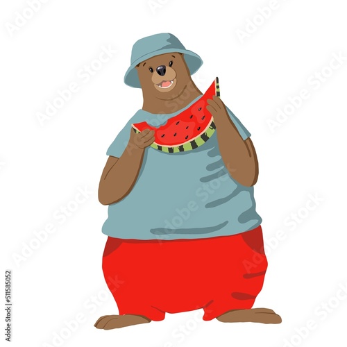 funny bear with watermelon, vector illustration, summer clipart with cartoon character