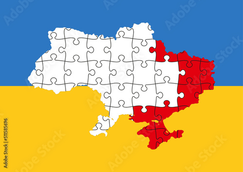 Ukraine map of occupied territory. Puzzle pieces. Flag blue and yellow.