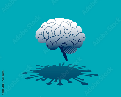 A human brain cast a shadow with the Coronavirus shape. Coronavirus effect on mental health. Depression from social distancing. Pandemic fear psychology and anxiety of coronavirus. Long covid symptoms