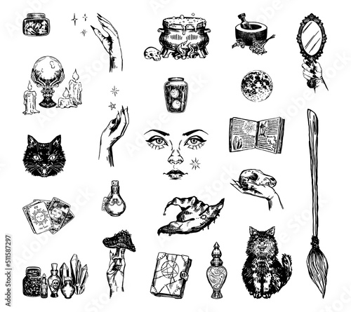 Set of witch attributes. Inventory, jars, books of magic, esoteric items, tarot cards. Sketches vector collection. Halloween mystery clip arts isolated on white.