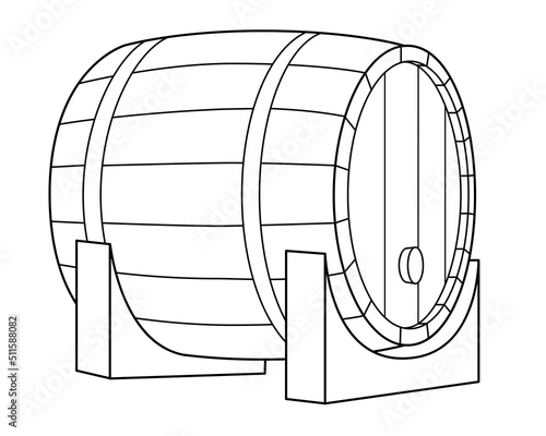 Wooden keg lying on stand - vector linear element for coloring logo or pictogram. Outline. Barrel lying on its side for a coloring book