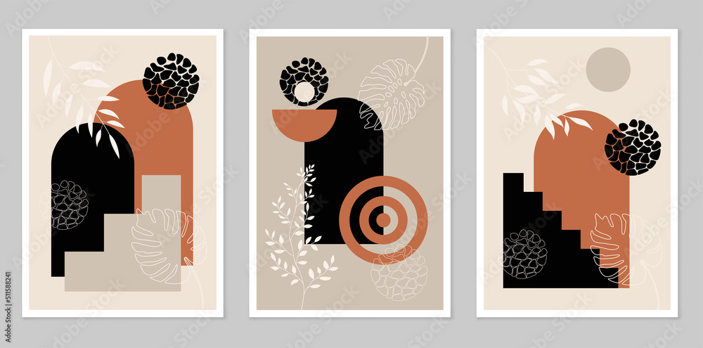 Collection of posters. Minimalism style. With a modern boho style design. Cubism. Composition of simple figures. Design for drawing, logo, posters, invitations, greeting cards. Abstraction. Collection of posters. Minimalism style. With a modern boho style design. Cubism. Composition of simple figures. Design for drawing, logo, posters, invitations, greeting cards. Abstraction.