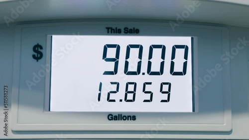 Gas price increase in CALIFORNIA USA Summer 2022. Fuel price rates goes up due to inflation and war in Ukraine. Gas prices reach all time highs at the pump. Digital screen counting refuel in dollars photo