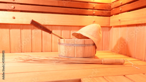 Standard Finnish wooden sauna cabin interior.Empty interior of huge sauna