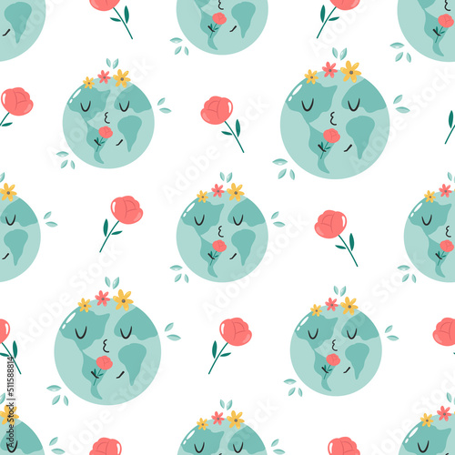 Vector seamless pattern with cute planet Earth and flowers