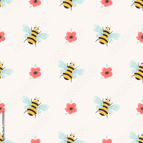 Seamless pattern with bees and flower heads © danceyourlife