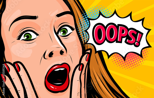 Surprised girl. Oops emotion speech bubble. Shocked woman with open mouth. Pop art comic vector illustration