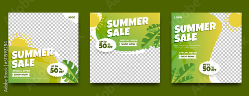 Summer sale promotion square banner template. Gradient green background with leaf and sun element. Usable for social media post, and web ads.
