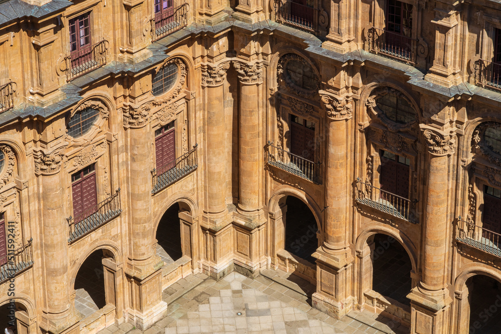 Baroque courtyard of La Clerecia of the Pontifical University of Salamanca, in Spain.