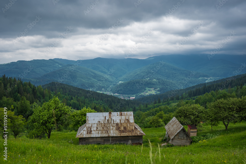 Beautiful mountain landscape of the Carpathian from Mount Makovitsa, Ukraine. Wonderful cloudy landscape in mountains. 