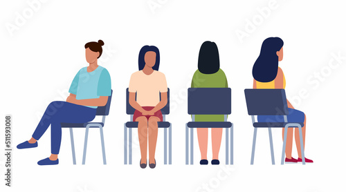 Women are sitting on chairs. Women sit in different poses on chairs turned from different sides. Vector set.