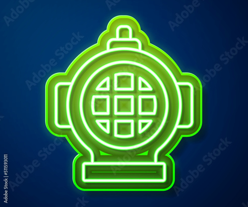 Glowing neon line Aqualung icon isolated on blue background. Diving helmet. Diving underwater equipment. Vector
