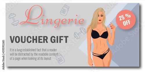 Lingerie Shop Card promotion voucher banner background with beautiful girl in black lingerie