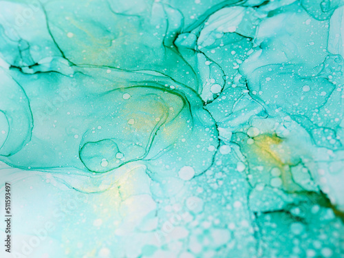 Abstract green and gold fragment of colorful background, wallpaper. Mixing acrylic paints. Modern art. Marble texture. Alcohol ink colors translucent.Alcohol Abstract contemporary art fluid.