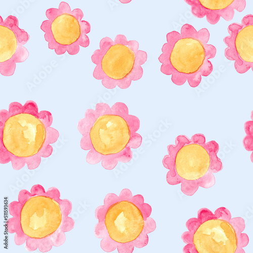 Pink with yellow flowers watercolor painting - seamless pattern with blossom on light blue background