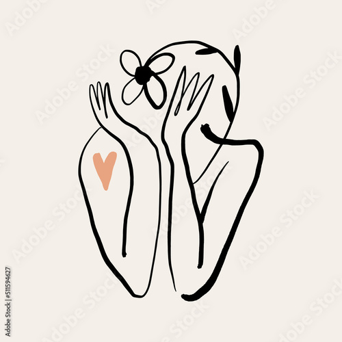 Self care line art minimalist boho icon or logo holistic healing meditation for harmony and love