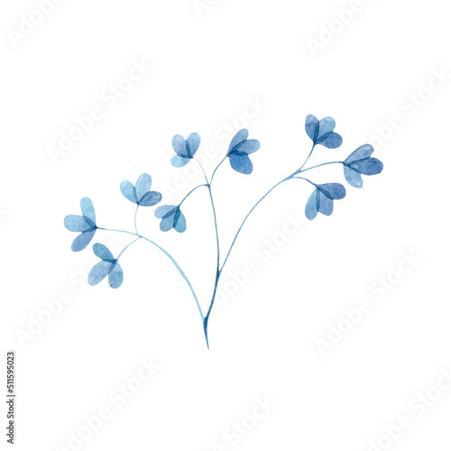 Watercolor blue with twigs of leaves  small leaves on a white background. Nature  plants  foliage. Botanical illustration for fabrics  dresses  interiors