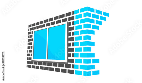 vecteur de logo fenêtre sur mur de briques en perspective