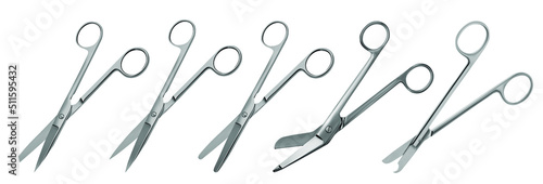 Set of surgical articulated scissors with various blade shapes and different purposes. Vector illustration