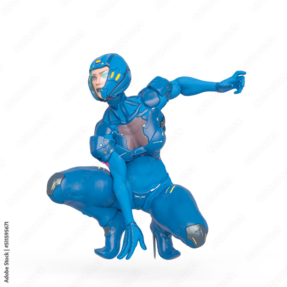 cyber soldier girl is crouching in white background cyber soldier girl is crouching in white background
