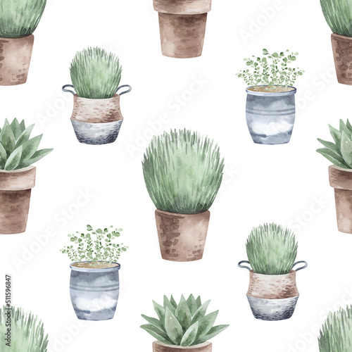 Seamless pattern  background  texture. Watercolor pattern of gardening hobby. Planting seedlings  plants. gardening items  garden tools.