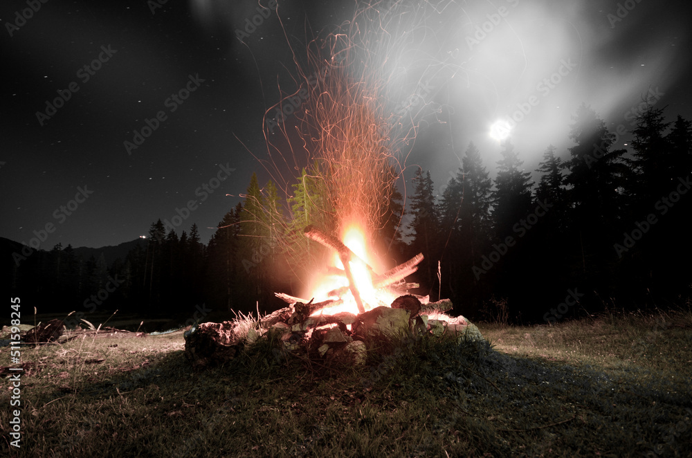 fire in the woods, bonfire full moon, smoke camping walking hiking trails, 
