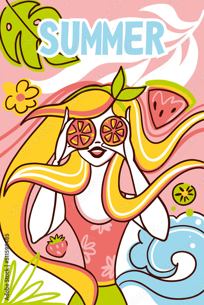 Cheerful girl on the beach with fruits in her hands. Hello summer. Summer illustration.