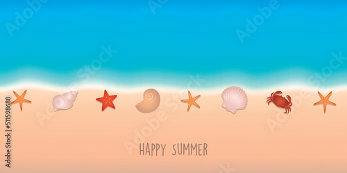 happy summer holiday marine background with shell starfish crab